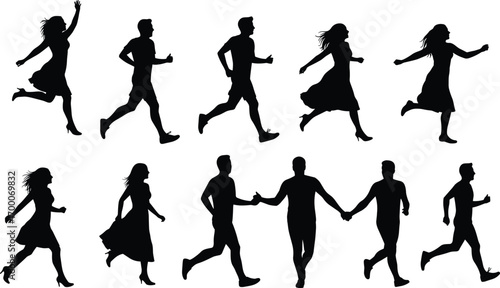 Silhouettes of People Running, Walking, Holding Hands, Group Activity, Fitness, Outdoor Movement, Healthy Lifestyle, Friendship, Dynamic Figures, Exercise Vector Illustration