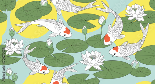 Vibrant koi fish and water lilies graceful dance in a serene pond environment