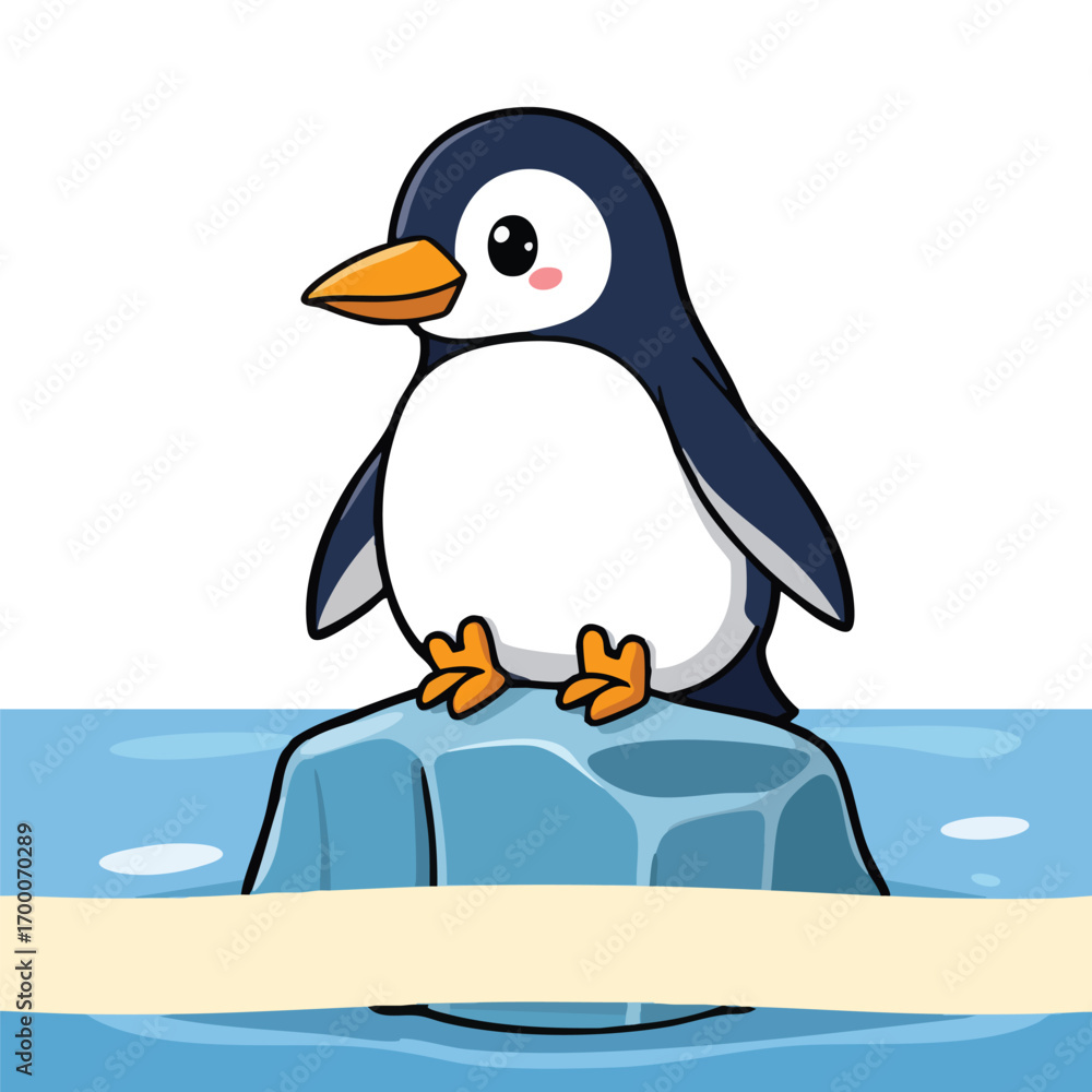 Fototapeta premium A cute penguin is cleanly illustrated in a flat vector style standing on an iceberg that serves as a banner.