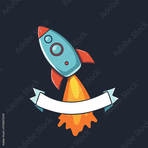 A cartoon rocket ship is blasting off in this flat vector design  leaving a trail of smoke that forms a banner for a name.