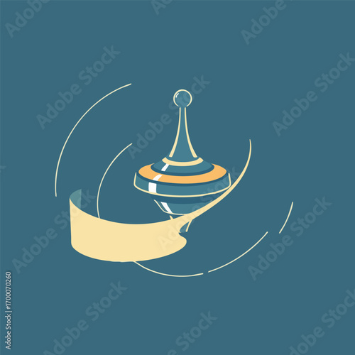 A classic spinning top toy is the focus of this simple design  with a swirling motion line creating the banner. Simple flat Vector style.
