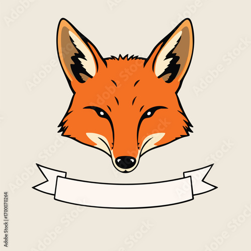 A clever fox's head is rendered in a clean  minimalist style  with a bold nameplate banner underneath. Flat vector style.