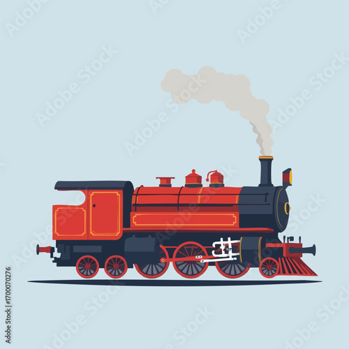 A classic steam train engine is rendered in a flat vector style  with a plume of smoke creating a banner.