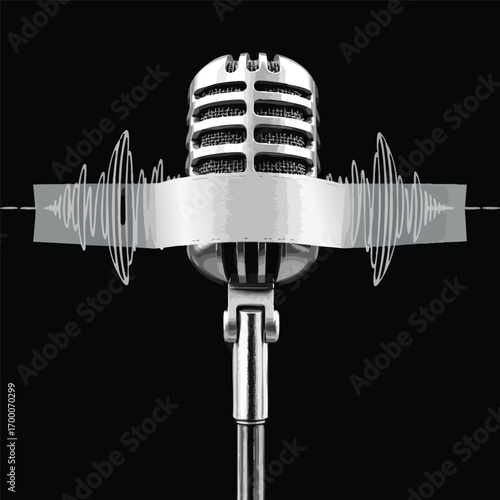 A detailed microphone is shown  with a sound wave emanating from it to form a banner.