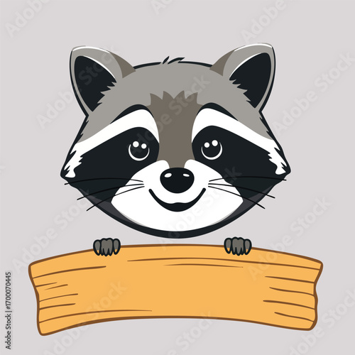 A smiling raccoon's face is the focus of this simple flat vector illustration  paired with a rustic wooden banner.