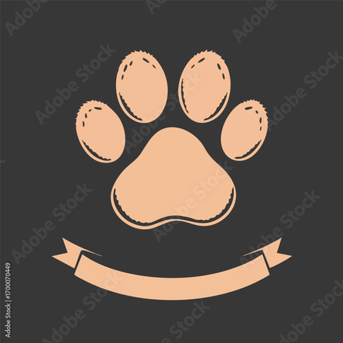 A soft teddy bear paw print is the focus of this simple vector design  with a classic ribbon banner below.