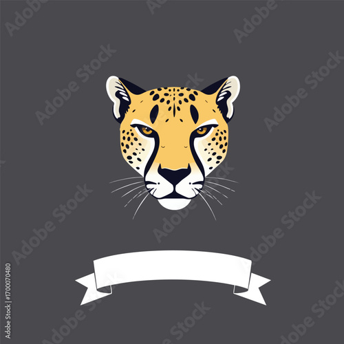 A speedy cheetah's head is captured in a minimalist flat vector style  with a sleek banner below.