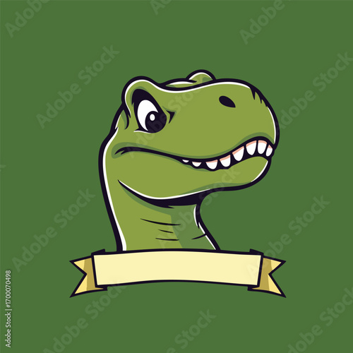 Featuring a smiling T-Rex head in a clean vector style  this design includes a simple banner for a name.