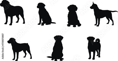 Silhouettes of Various Dog Breeds in Different Poses for Vector Art, Pet Design, Animal Illustration, and Veterinary Project Use