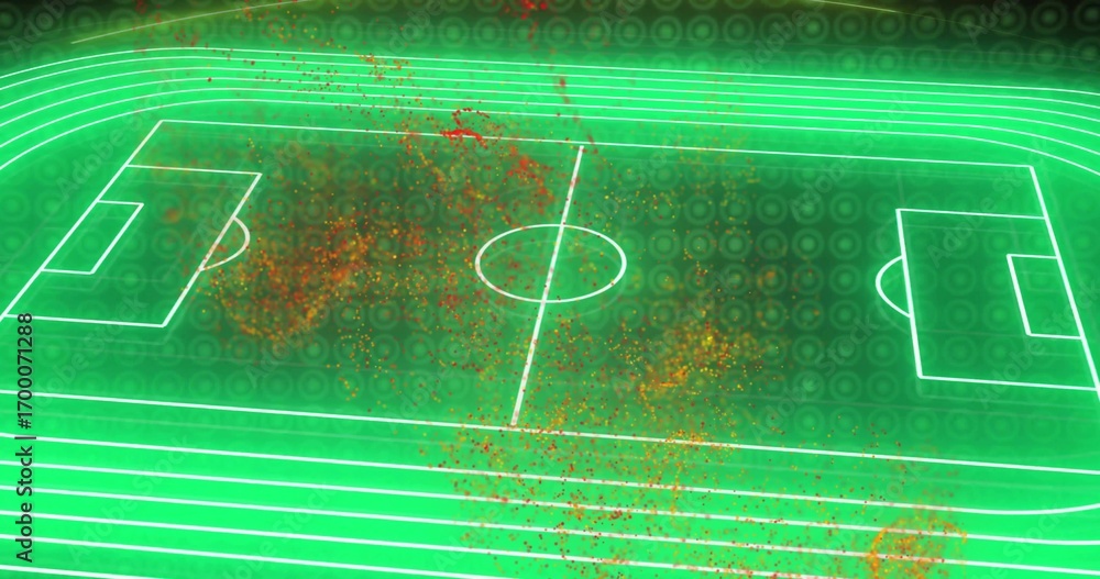 Naklejka premium Displaying neon green soccer pitch outlines in digital field with track lanes and particle clusters