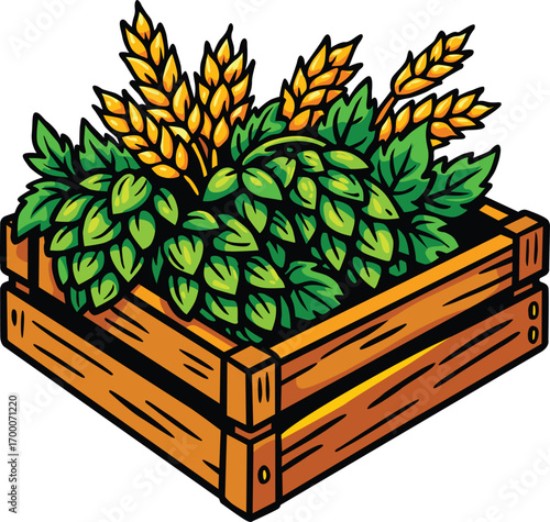Rustic wooden crate filled with fresh hops and golden wheat, perfect for beer festival, brewing, harvest, and farm themes. Editable EPS file for branding, packaging, and seasonal celebration projects.