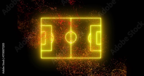 Glowing neon soccer pitch graphic floating in dark digital void, with red-orange particle effects