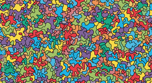A complex organic abstract pattern composed of interlocking colorful blobs and shapes in a vibrant kaleidoscope arrangement