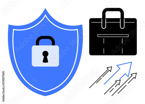 Blue shield with lock icon, black briefcase, and upward arrows. Ideal for security, business, data protection, growth, corporate strategy, success entrepreneurship simple flat metaphor