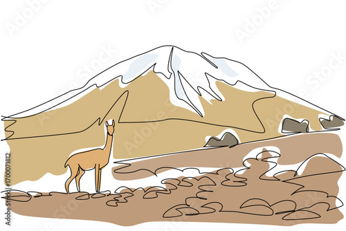 A continuous line drawing of Chimborazo mountain with a vicuna in the foreground, celebrating Chimborazo Day in a unique nature concept illustration style.