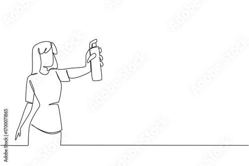 Single line drawing of a woman pose spraying insect repellent on room, health concept, international theme for Insect Repellent Awareness Day, minimalist style showing protection and awareness.