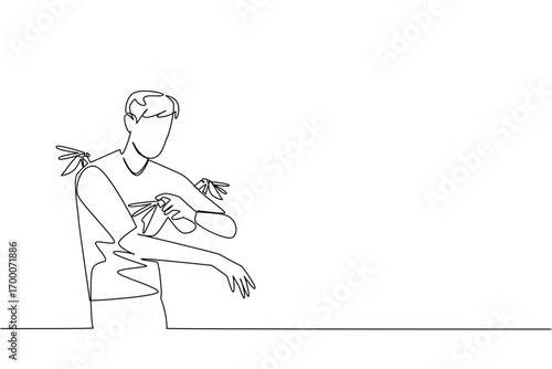 One line drawing of a man using insect repellent while mosquitoes fly around, health concept, international theme for Insect Repellent Awareness Day, minimalist style showing human protection.