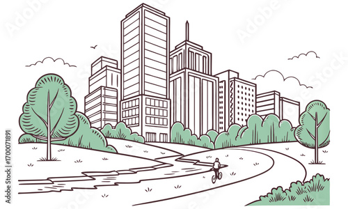 City park scene with modern buildings and a leisurely walker.