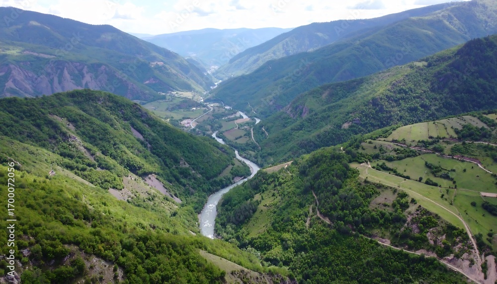 Fototapeta premium Mountain River Valley Scenic Landscape.