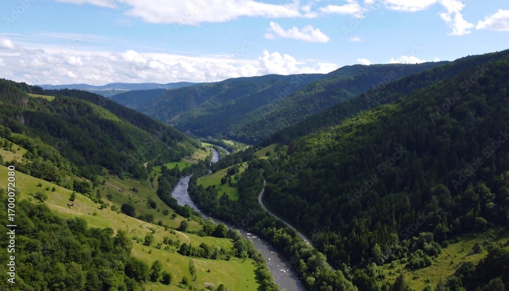 Obraz premium Mountain Valley River Scenic Drone Shot.