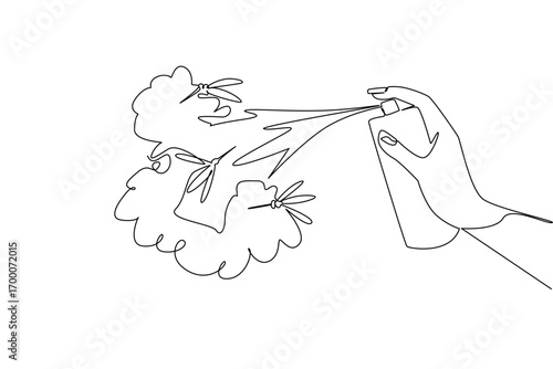 One line drawing of a mosquito with a prohibition circle and repellent spray, health concept, international theme for Insect Repellent Awareness Day, minimalist style symbolizing prevention.