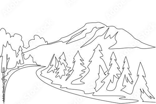 A single line drawing of Chimborazo mountain with a winding road and pine forest, symbolizing nature concept and travel exploration, designed as an artistic tribute for Chimborazo Day.