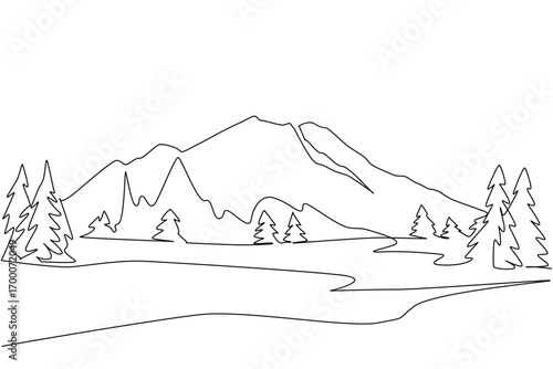 A continuous line drawing of Chimborazo mountain framed by pine trees, highlighting Ecuador’s Andes beauty with a nature concept for international Chimborazo Day celebration and cultural awareness.