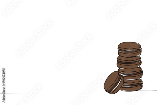 Continuous line drawing artwork of stacked chocolate macarons, created for National Chocolate Macaron Day, blending food concept illustration with elegant modern simplicity.