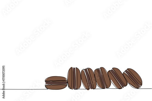 Continuous line drawing of chocolate macarons in a row, symbolizing National Chocolate Macaron Day with a food concept style that merges minimal art and French dessert elegance.