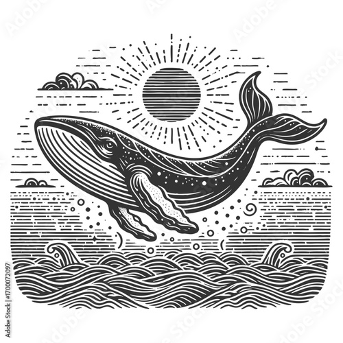 whale breaching the sea, surrounded by splashing waves and flying seabirds in retro style sketch engraving generative ai vector illustration. Scratch board imitation. Black and white image.