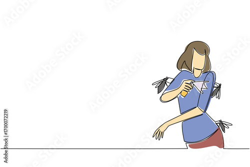 Single line drawing illustration for Insect Repellent Awareness Day of a woman surrounded by mosquitoes while spraying repellent, emphasizing health, hygiene, prevention, and outdoor safety awareness.