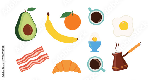 A delicious healthy morning meal with fresh fruits cooked bacon croissant coffee and egg