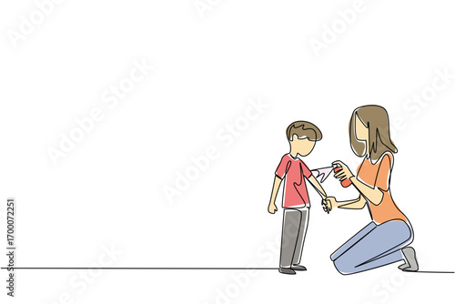 Continuous line drawing artwork for Insect Repellent Awareness Day showing a mother spraying repellent on her child, representing family protection, health awareness, and safety from mosquito bites.