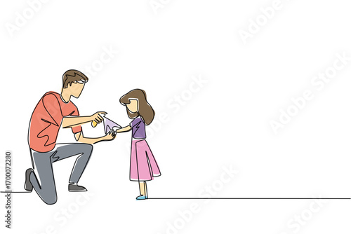 Single line drawing for Insect Repellent Awareness Day depicting a father applying insect spray on his daughter, symbolizing family health care, safety awareness, and mosquito protection in daily life