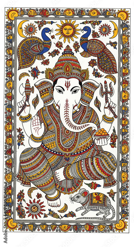 Obraz premium PNG cut out isolated background. An intricate and vibrant Madhubani (Mithila) painting of the Hindu deity Lord Ganesha.