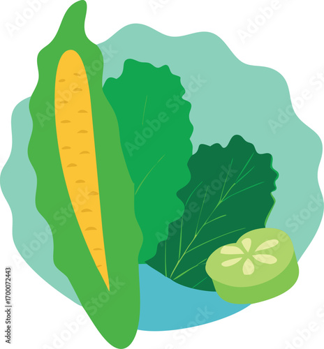 Icon design with mustard greens leaf as base, bitter gourd overlapping, okra on top, flat colourful style.