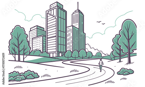 City park scene with modern buildings and a leisurely walker.