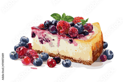 A slice of creamy cheesecake topped with vibrant berries and mint leaves in a painted graphic style on white background, concept of dessert