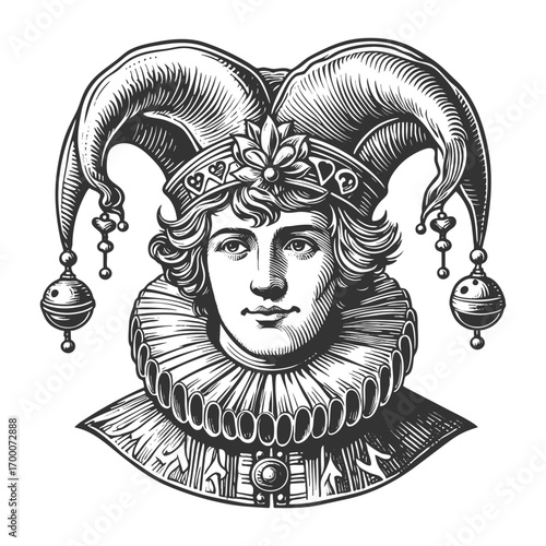 court jester wearing a traditional hat with bells, ornate clothing, and ruffled collar sketch engraving generative ai fictional character vector illustration. Scratch board. Black and white image.