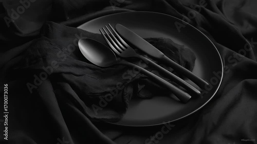 Black and white table setting with a plate and shiny cutlery on soft fabric background, minimalist elegant style.
