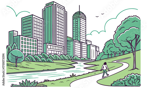 City park scene with modern buildings and a leisurely walker.