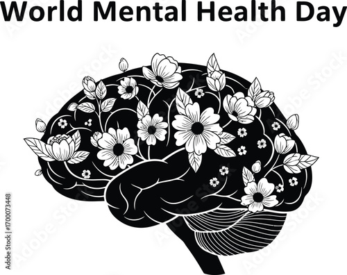 World mental health day concept with brain and flowers international day of mental health