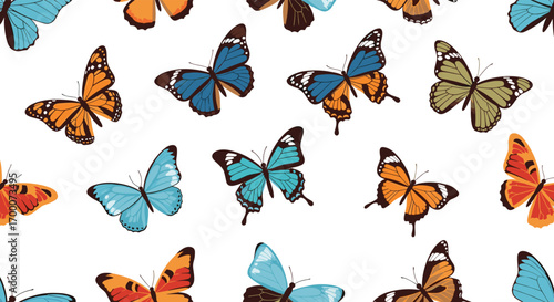 A whimsical assortment of beautifully detailed butterflies fluttering across a clean white background