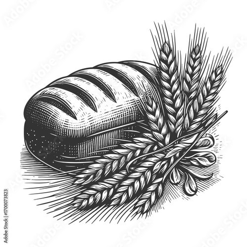 loaf of bread in a basket surrounded by wheat stalks, symbolizing baking, harvest, and traditional food sketch engraving generative ai vector illustration. Scratch board imitation. Black and white.