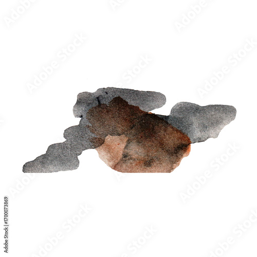 A blend of dark gray clouds drapes over a textured brown shape, showcasing an artistic representation that evokes a sense of calm and introspection in an undefined space.