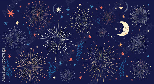 Exploding fireworks celebrating celestial events under the night sky with crescent moon