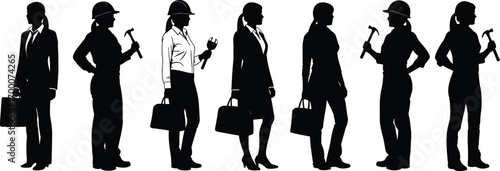 Vector Silhouette Illustration of Women in Business and Construction Roles Holding Tools, Wearing Helmets, and Carrying Bags in Poses