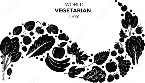 World vegetarian day with vegetables and fruits forming wave, promoting healthy eating
