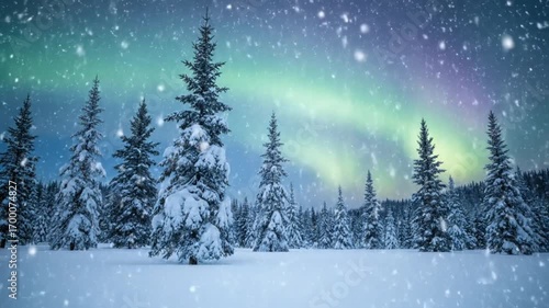 winter landscape with snow and aurora 