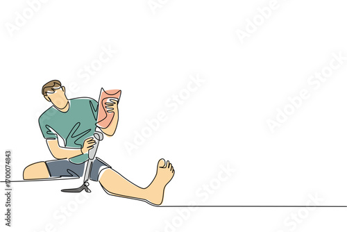 A single line drawing of a young man adjusting his prosthetic leg while sitting on the floor, representing resilience, care, and empowerment for World Day for Assistive Technology in a health concept.